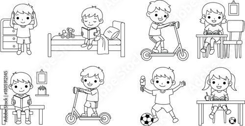 Cute kids daily routine vector illustration showing reading, playing, riding scooter, studying, eating ice cream, and doing homework in black and white