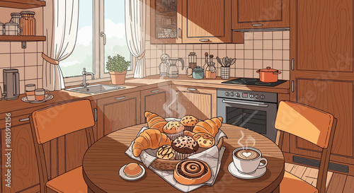 Warm kitchen scene featuring fresh pastries coffee and sunlight streaming through window
