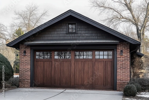 Brick detached garage with dark wood paneled door and transom windows, gable shingle roof, bare winter trees, concrete driveway and trimmed shrubs conveying a calm orderly suburban scene