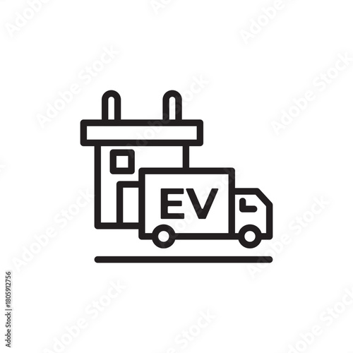 EV supply chain icon showing an electric truck and a charging infrastructure building. Represents e-mobility logistics, electric fleet management, charging network delivery, and sustainable transports