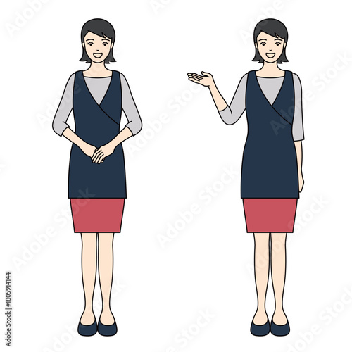 Full-body illustration of a woman in a dark blue apron and red skirt with polite and guiding gestures