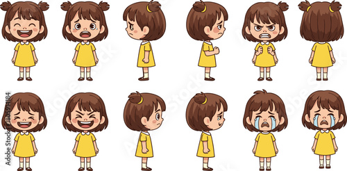 Cute little girl character with multiple emotional expressions including anger, sadness, laughter, crying, and side views for animation design
