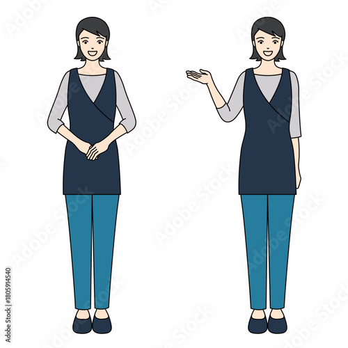 Full-body illustration of a smiling woman in a dark blue apron with polite and guiding gestures