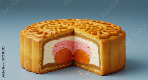 Fototapeta Naklejka Na Ścianę i Meble -  中秋節を彩る伝統と現代が融合した美しい月餅の断面画像 明るい光が柔らかな黄金色の皮と何層にも重なるピンクや白の餡そして中心の鮮やかな二つの球体を鮮明に映し出し食欲をそそる魅力的な一品. AI Generated