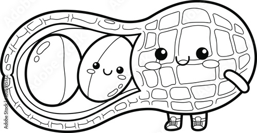 Cute peanut character with smiling face and shoes, cartoon nut illustration in black and white outline style for coloring pages