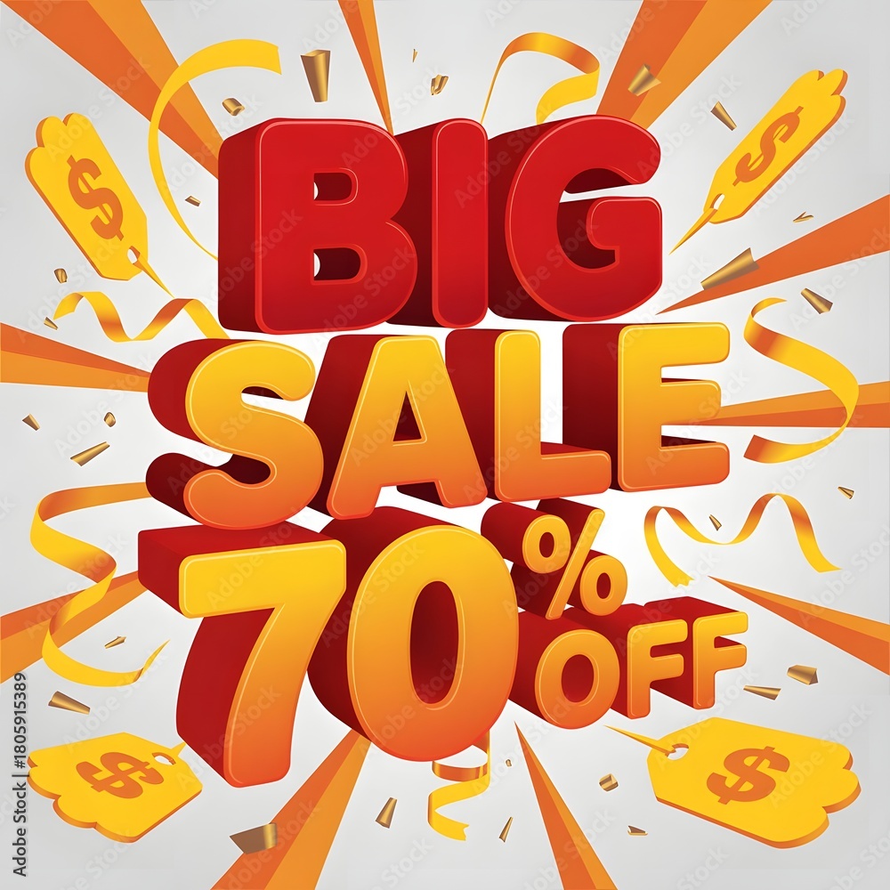 Fototapeta premium Massive 70 percent off big sale event with confetti and bursting rays for retail promotions