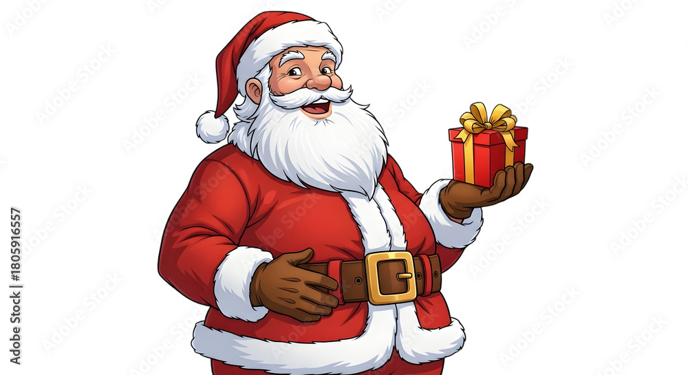 Obraz premium A cheerful cartoon santa claus holding a red gift box with a gold ribbon
