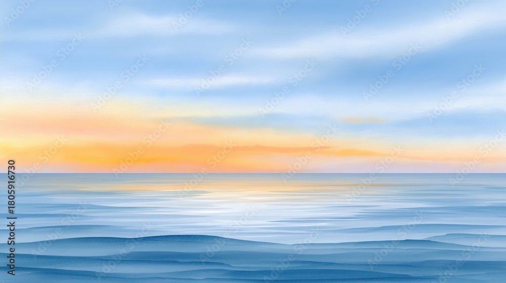Obraz premium Abstract illustration of an ocean landscape at sunrise or sunset. Stylized blue waves with a warm orange and golden sky. Minimalist painterly nature background