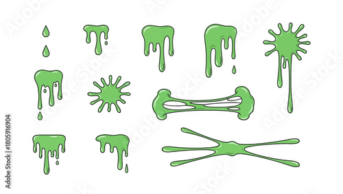 Green Slime Splatters Dripping And Stretching Illustrations Set