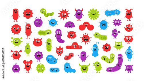 Vibrant Assortment of Cute Cartoon Microbes, Germs, and Bacteria Vector Illustration Characters