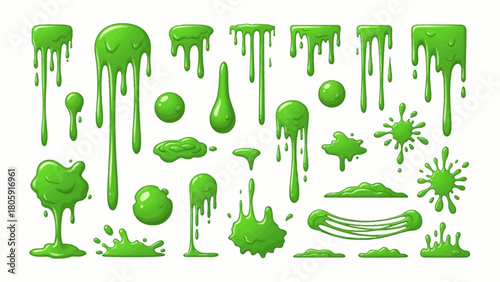 A collection of dripping green slime elements, liquid goo splatters, and toxic ooze drops