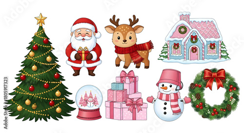 A collection of festive christmas elements including a tree, santa, reindeer, house, snowman, wreath, and gifts