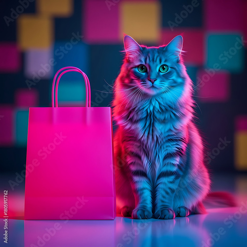 gray cat with shopping bag neon light, cyber monday, cyber monday shoping,