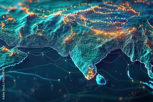 glowing 3d topographic map of the indian subcontinent and sri lanka with neon wireframe, luminous city nodes and network lines conveying dynamic futuristic connectivity and awe
