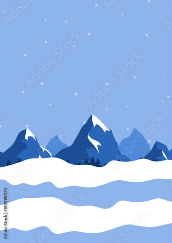 Customizable Christmas Banner and Winter Sales Poster with Snowy Mountain Landscape, Winter Season Background and Falling Snowflakes, Ideal for Holiday Promotions, Greeting Cards, Posters
