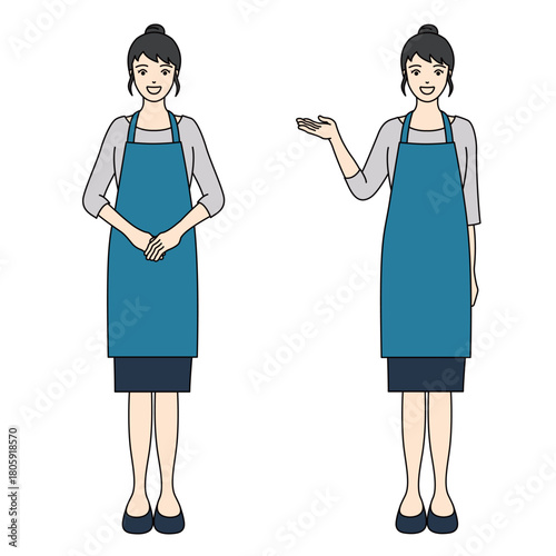 Full-body illustration of a smiling woman in a blue apron with polite and guiding gestures