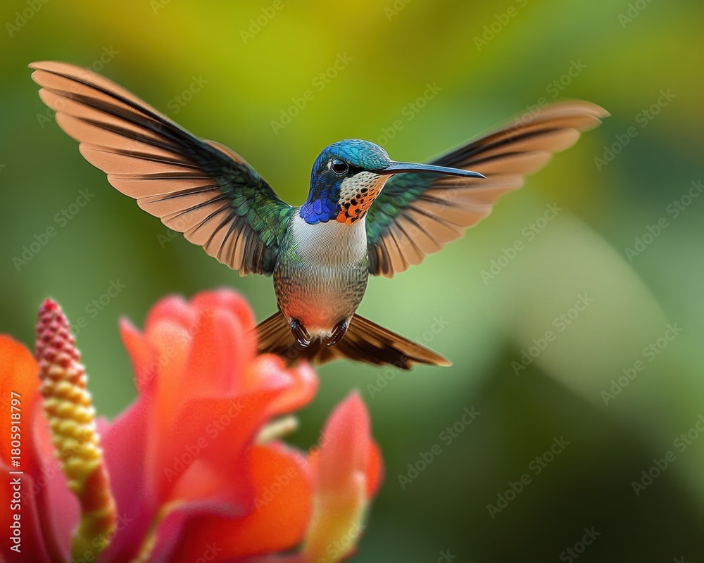 Obraz premium Vibrant hummingbird hovering with outstretched wings over red tropical flowers, a delicate and lively moment