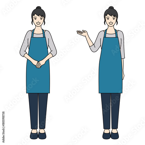 Full-body illustration of a smiling woman in a blue apron with polite and guiding gestures