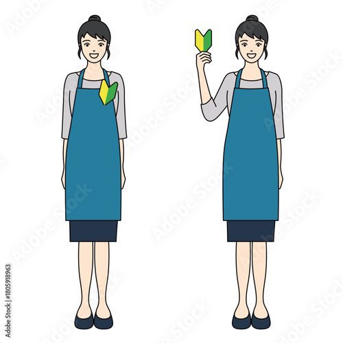 Full-body illustration of a smiling woman in a blue apron with a beginner mark