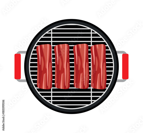 Cooking wagyu saikoro beef on Korean barbecue grill pan icon vector illustration