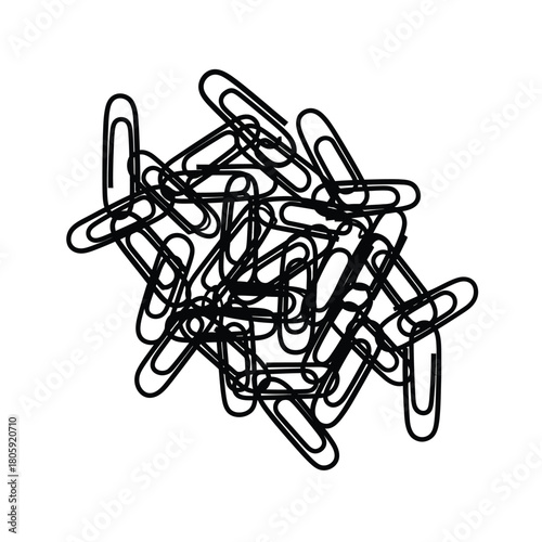 A pile of black paperclips in a tangled silhouette on a white background