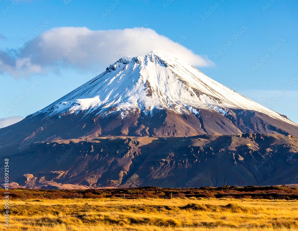Fototapeta premium A snow-capped mountain dominates the landscape under a blue sky