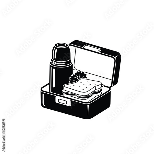 A simple black and white illustration of a lunchbox with a thermos and sandwich silhouette