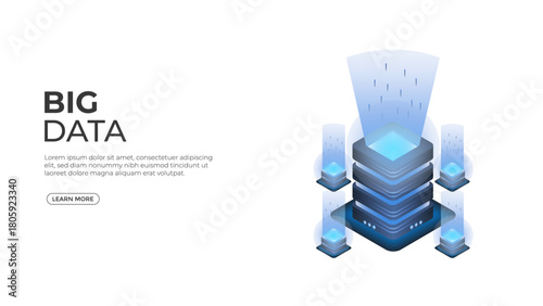 Isometric big data server stack illustration with 3d data flow and digital network