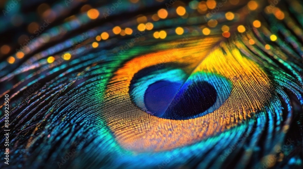Naklejka premium Macro close-up of a peacock feather eye with iridescent blue, green and gold barbs, shimmering texture and soft bokeh evoking a mesmerizing, elegant mood