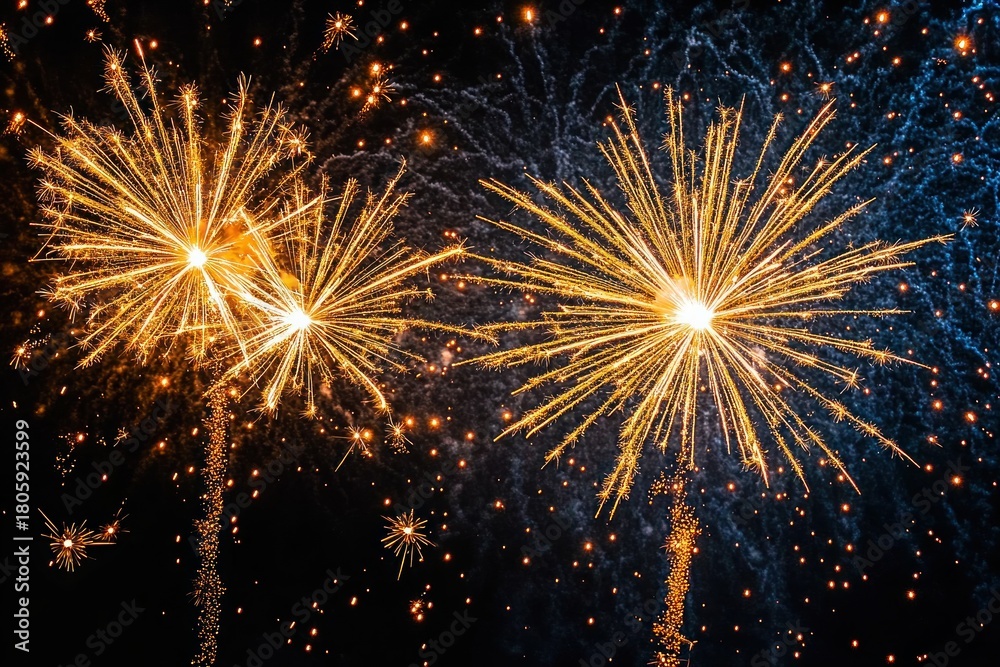 Naklejka premium golden fireworks bursting in a dark night sky with sparkling trails and radiant bursts conveying excitement and celebration