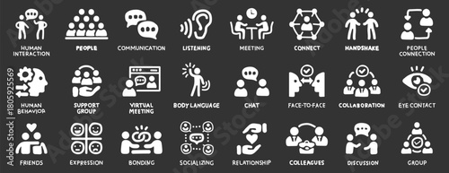 Hand drawing Human interaction icon set. Communication, people, connection, friends, chat, bonding, socializing, group, relationship and more. Solid vector icons collection. 