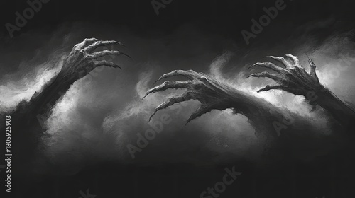 Eerie grasping hands emerge from smoky darkness