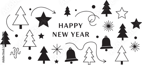 Happy New Year festive doodle pattern with trees, stars and bells