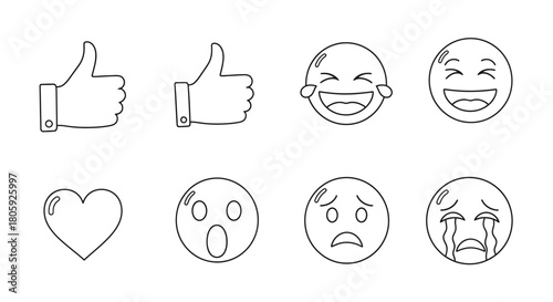 Hand-drawn Emoji Set: Thumbs Up Heart Laughing and Crying Faces.