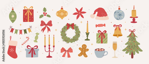 Set of Christmas New Year vintage doodle elements for design