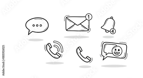 Hand-drawn communication icons: message email notification and phone call symbols.