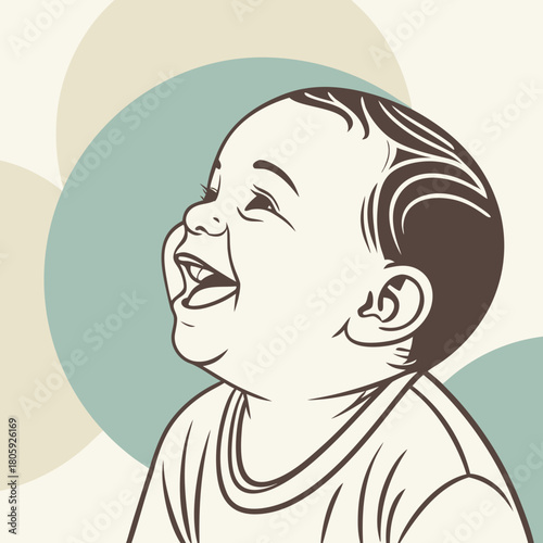 A charming line art illustration captures the pure joy of a laughing baby, set against a backdrop of soft, pastel circles, evoking a sense of innocence