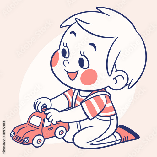 A cheerful little boy is playing with a toy car, his face lit up with joy and excitement, isolated on he is having a great time