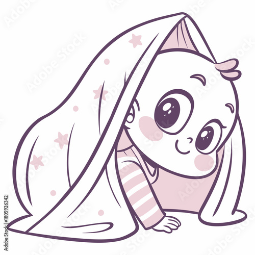 A sweet baby is hiding under a blanket with star pattern, isolated on the illustration is a simple line drawing with soft colors