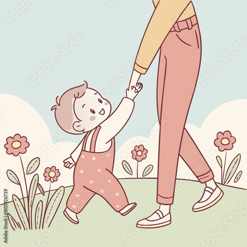 A heartwarming illustration of a toddler holding hands with their parent while walking through a field of flowers, isolated on a scene of love
