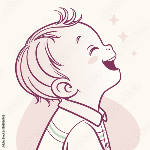 A joyful baby boy with a beaming smile gazes upwards with stars around him, isolated on, radiating happiness and wonder in his eyes