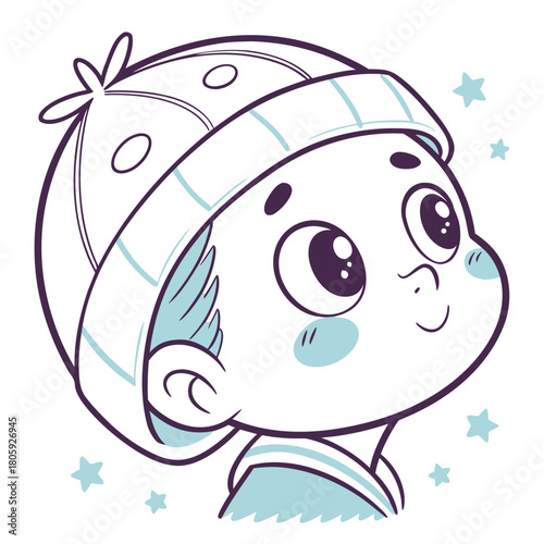 A delightful cartoon boy in a sailor hat looks up with wonder, his big eyes sparkling with curiosity, isolated on