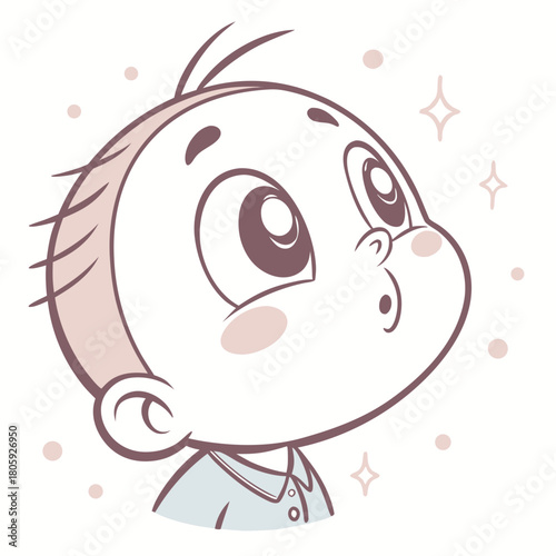 A charming cartoon baby gazes upwards with wideeyed wonder, his innocent expression capturing the magic of discovery, isolated on