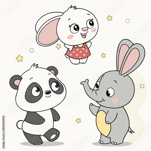 Adorable cartoon animals gather under a starlit sky, a panda, a bunny, and an elephant, their eyes wide with wonder, isolated on