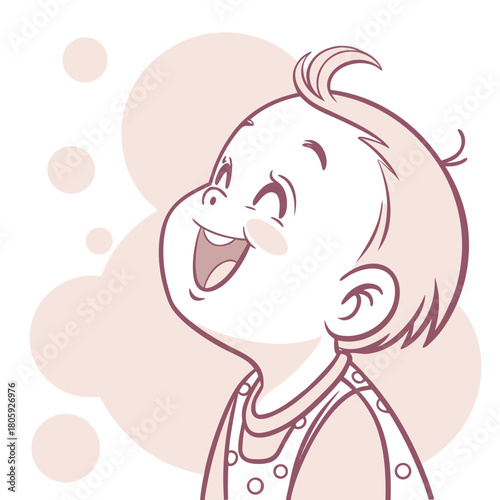 A happy baby boy looks up with a wide smile, isolated on, his face filled with joy and curiosity as he gazes at something above