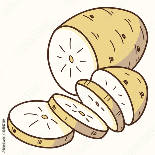 A delightful cartoon illustration isolated on featuring a sliced yam, showcasing its vibrant colors and inviting texture, perfect for culinary or educational purposes