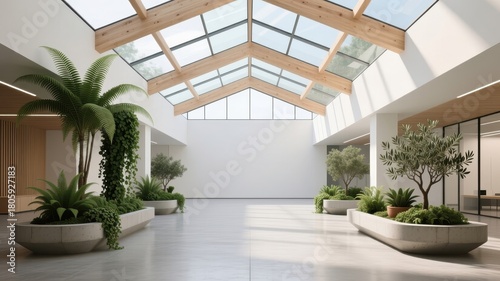 Modern atrium interior with skylight and lush indoor plants in natural daylight
