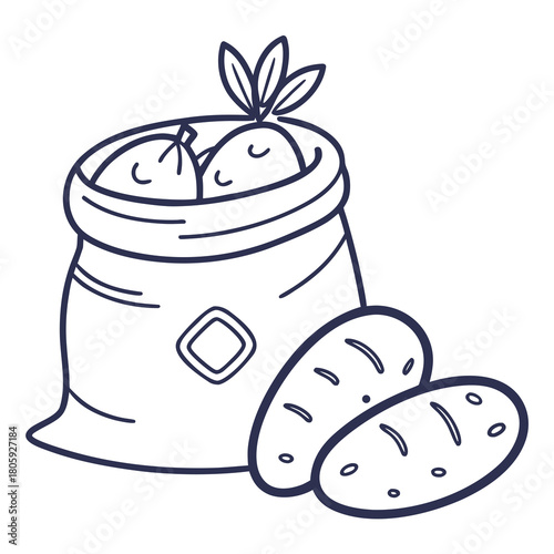 A charming line art illustration isolated on showcasing a sack overflowing with potatoes, accompanied by two loose potatoes, evoking a rustic and wholesome feel