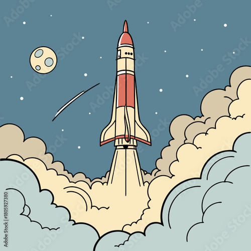 A cartoon rocket ship blasts off into space, leaving a trail of smoke and fire as it soars past the moon and stars, ready for an adventure