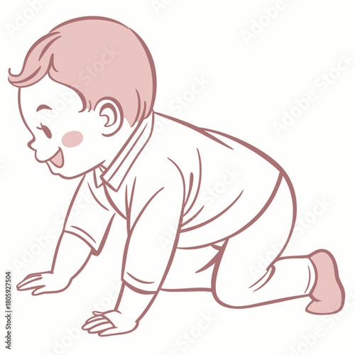 Illustration of a baby crawling on the floor isolated on the baby is looking down, with a curious expression on its face, wearing a shirt and pants